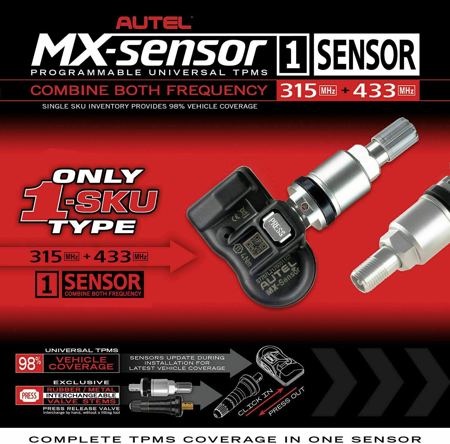 Autel MX-Sensor in 1(315Mhz+433 Mhz) Sensor Programmable TPMS Sensor -OE  Level Tire Pressure Monitoring System(Metal Valves,Pack of Sensor) 