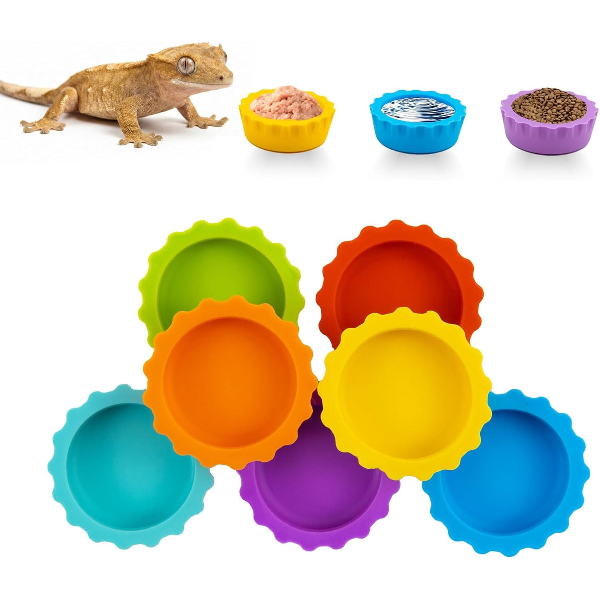 7 Pack Crested Gecko Food and Water Bowl, Reusable Small Reptile Feeding Dish, Gecko Tank Accessories for Hermit Crab, Tarantula, Isopods, Snails and Lizard, Silicone Easy Clean & 7 Colors
