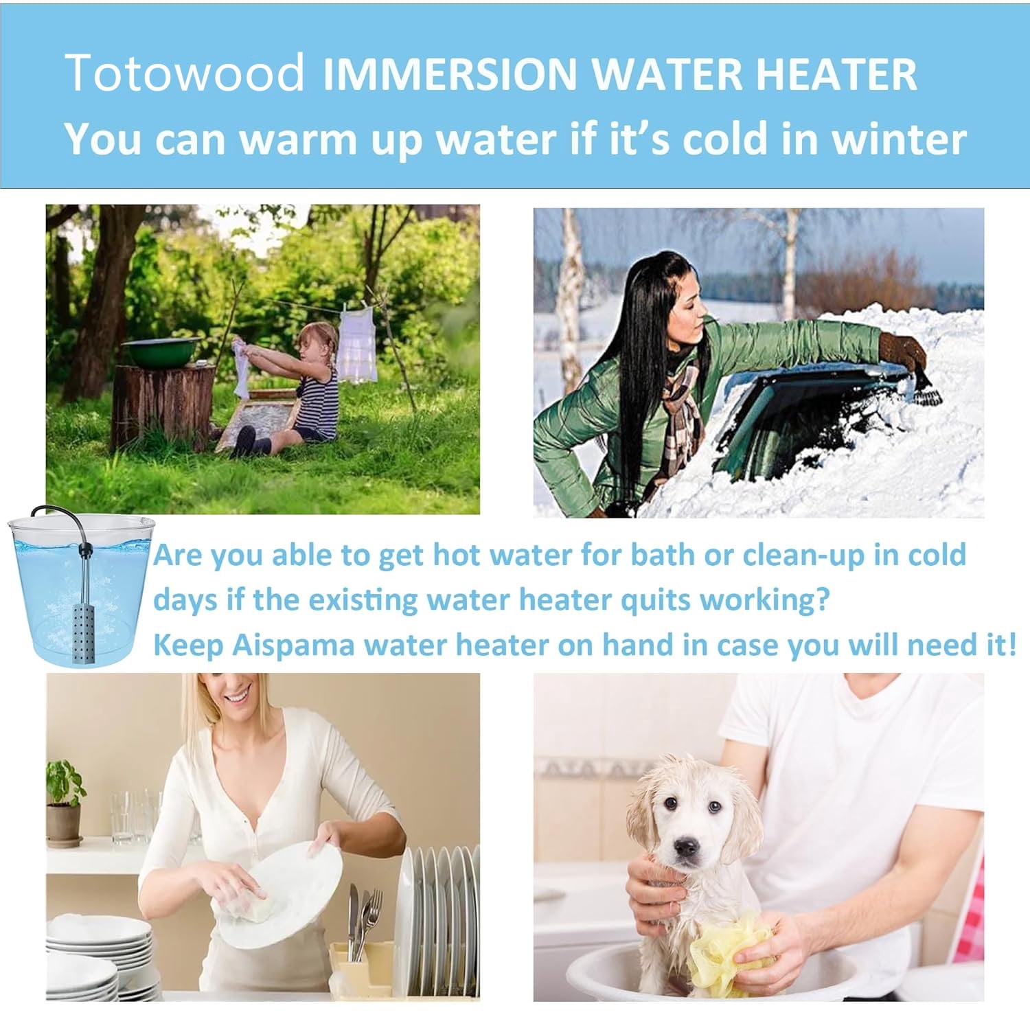 Totowood -Immersion Water Heater for Bathtub, 5 Gallon Bucket Water Heater. Stainless Steel Sumbersible Water Heater Heat Water Fast in Bathtub, Bucket.Pool Heater for Inflatable Pool.