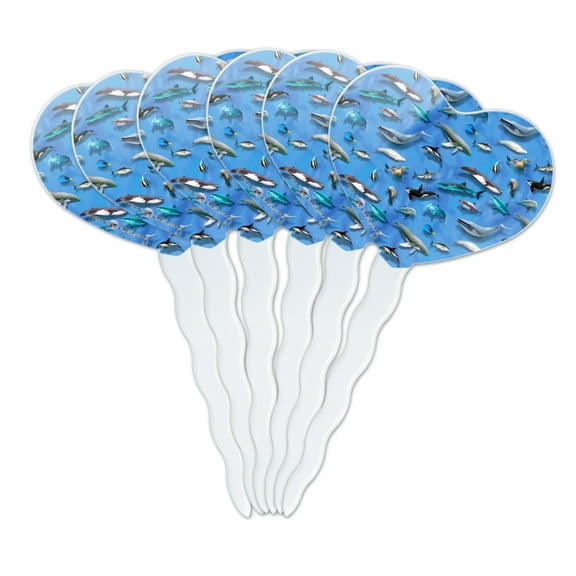 Ocean Life Whale Dolphin Manatee Shark Pattern Heart Love Cupcake Picks Toppers Decoration Set of 6