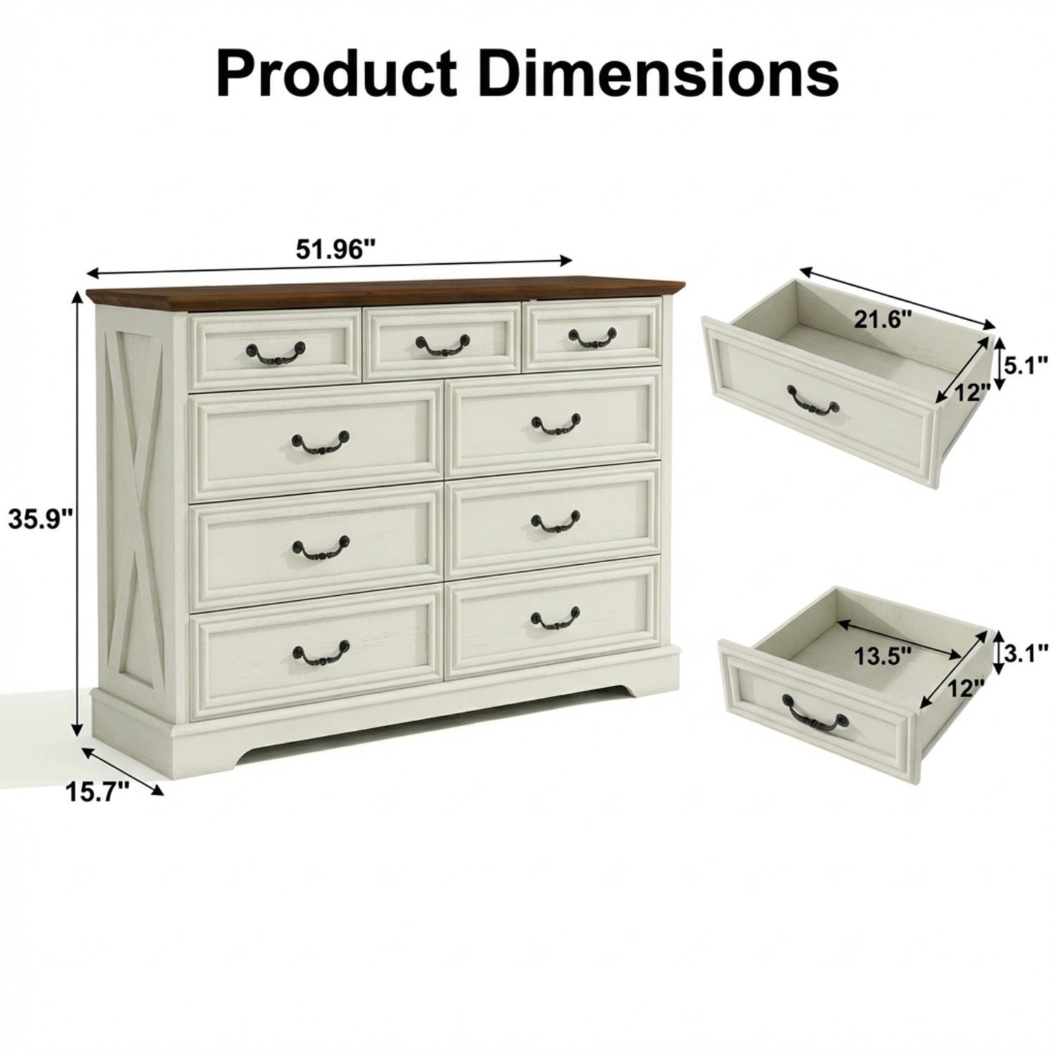 Farmhouse 9-Drawer Dresser, Wide Chest of Drawers with Large Storage for Bedroom, White