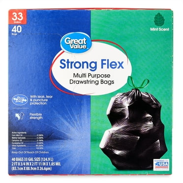 Great Value Strong Flex Multi-Purpose Drawstring Bags, 33 Gallon, Mint, 40 Count