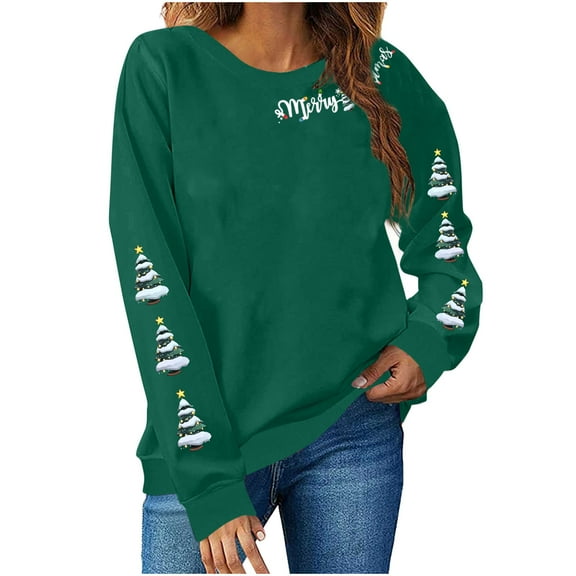 Christmas Tops for Women 2025 Xmas Tree Cute Print Tops Crewneck Graphic Sweatshirts Long Sleeve Pullover Tops Festival Outfits for Women