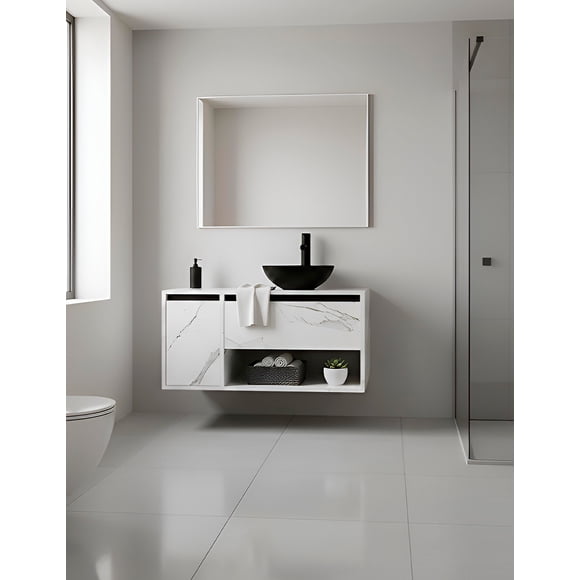 Gabinete para Baño con Ovalín y Llave Mezcladora, Mueble con Puerta y Cajón, Lavabo Moderno con Almacenamiento, Diseño Minimalista.