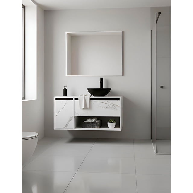 Gabinete para Baño con Ovalín y Llave Mezcladora, Mueble con Puerta y Cajón, Lavabo Moderno con Almacenamiento, Diseño Minimalista.