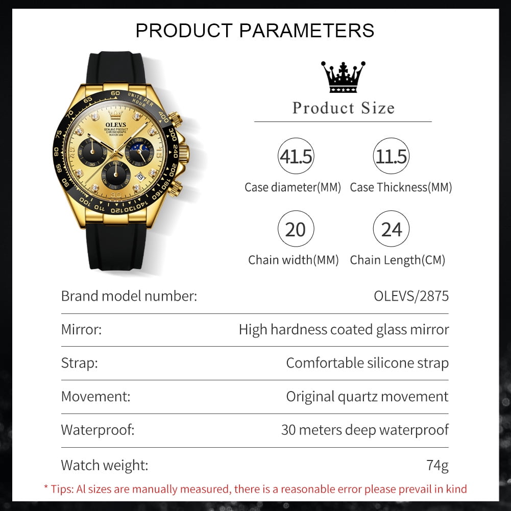 OLEVS Watches for Men Chronograph Multifunction Sport Silicone Luxury Dress Diamond Moon Phase Quartz Male Watch Waterproof Mens Wrist Watches Reloj para Hombre,Gold/Black/White/Blue/Grey Dial