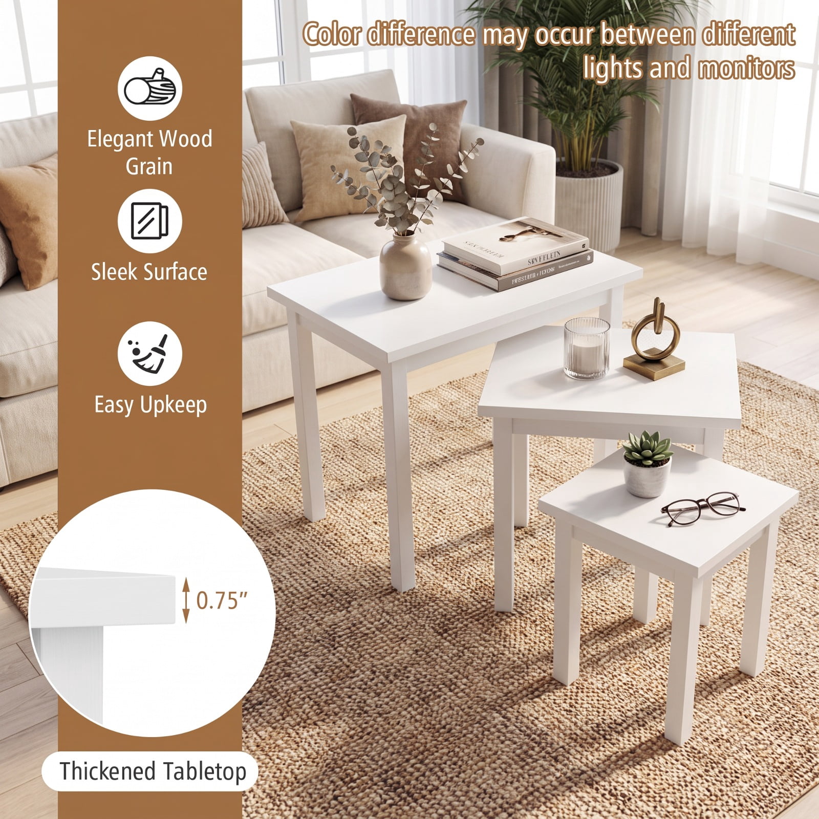Furnibear 3 Piece Farmhouse Nesting Side Table Set with Rubber Wood Legs and Stackable Rectangle Tops for Living Room and Bedroom, White