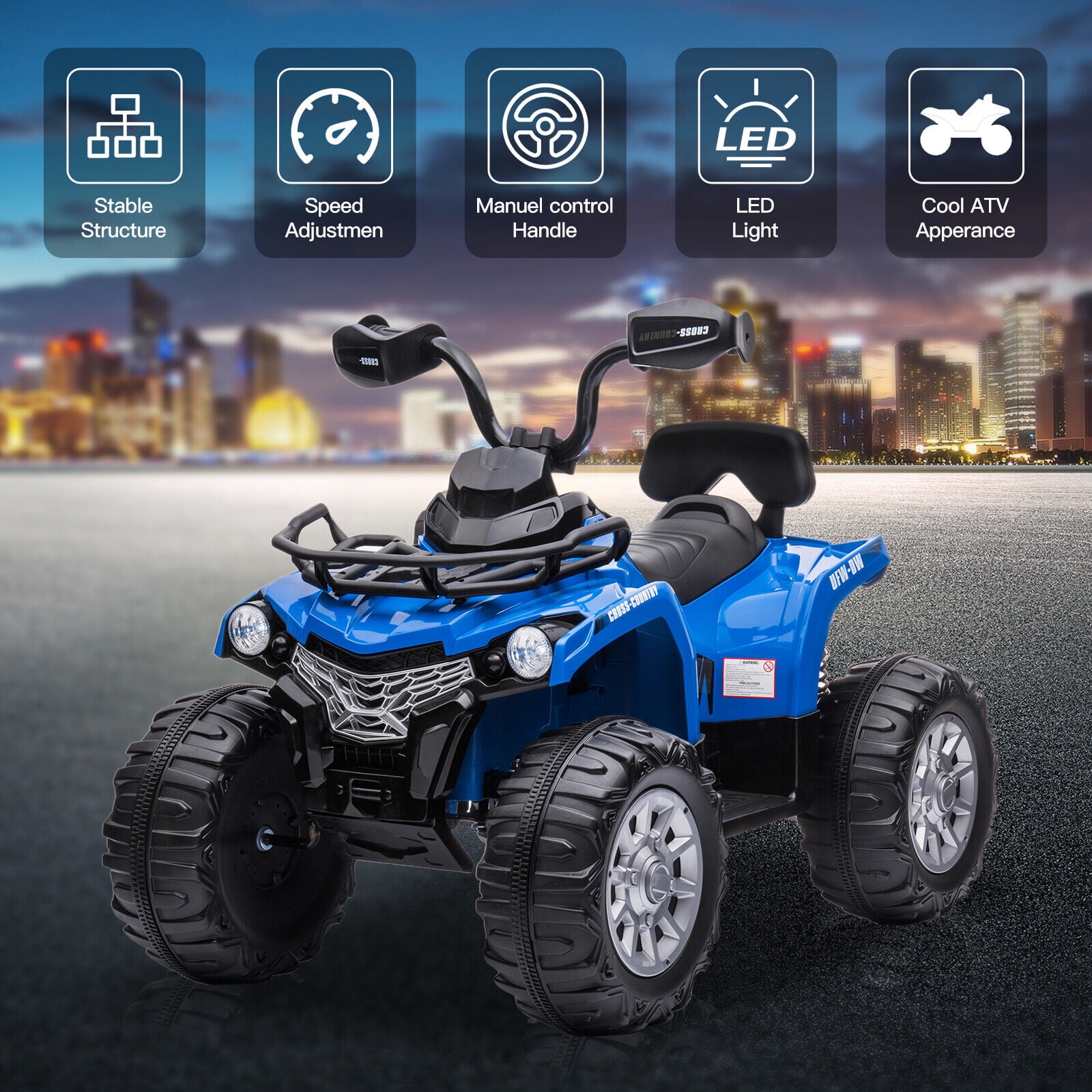 Lohoms 12V 4-Wheeler Kids Ride On Car ATV, Electric 12V Rechargeable Battery Powered Kid's Quad Car Toys, With LED Lights Music USB, 2 Speed, Blue