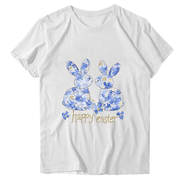 Camisetas de Manga Larga de las Mujeres Estampado de Pascua Cuello Redondo Suelto Casual Blusa Primavera Verano Top