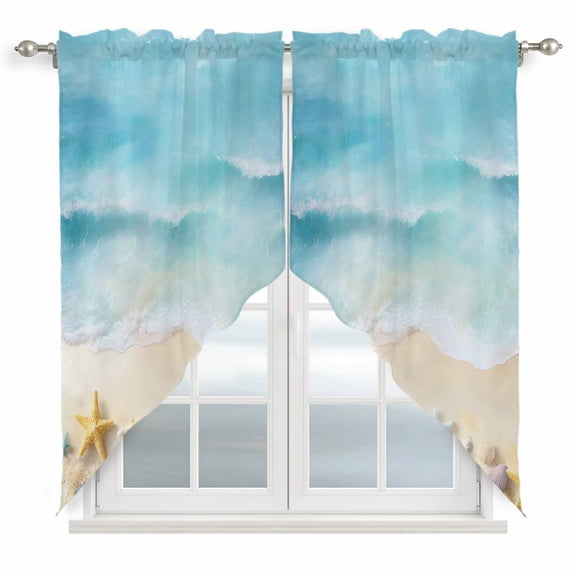 Blue Waves Swag Curtains for Kitchen/Bedroom/Living Room, Summer Beach Starfish Coastal Nautical Ocean Scalloped Curtains 63 Inch Long, Window Swag Topper Curtains Valances 2 Panels Set 36"x63"