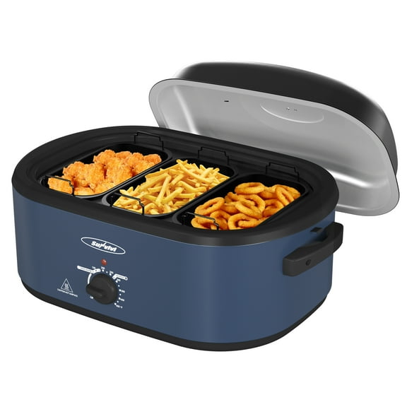 20 QT Electric Roaster Oven with 3 Compartments and Self-Basting Lid, Turkey Roaster Oven with 150-450°F Temperature Control, Removable Pan & Rack, Blue