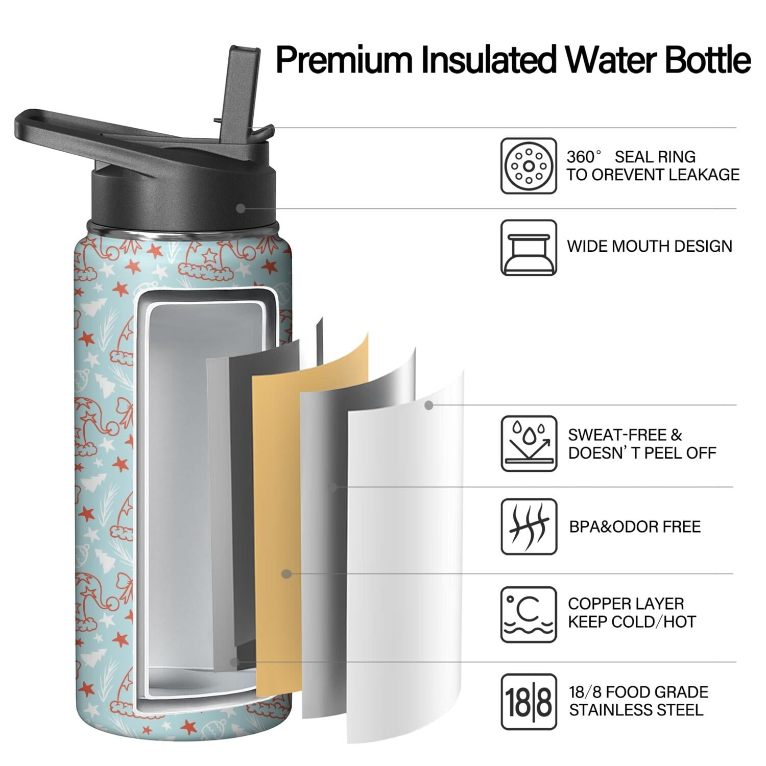 Christmas 18 oz Insulated Stainless Steel Water Bottle with Straw & Cleaning Brush , Leakproof, BPA-Free, 304 Stainless Steel, Wide Mouth, Travel Mug for Car, Gym, Office