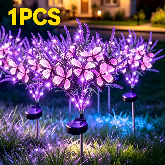 Solar Garden Lights, Outdoor Purple Lavender Solar Butterfly Lights, Artificial Flowers Stake Lamp Halloween Garden Decor for Patio Yard Lawn