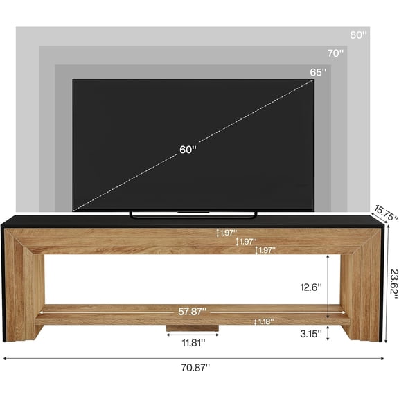 70 Inch TV Stand for 65 to 75 Inch TVs, Farmhouse Entertainment Center with Open Storage Shelves, Low Media Console, Wooden Television Stand for Living Room Bedroom, Light Brown Black