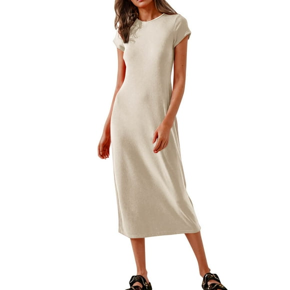 Kyusrd Maxi Dress For Women T-Shirt Dress Women's Casual Round Neck Solid Color Long DressShort Sleeve Round-Neck Dress