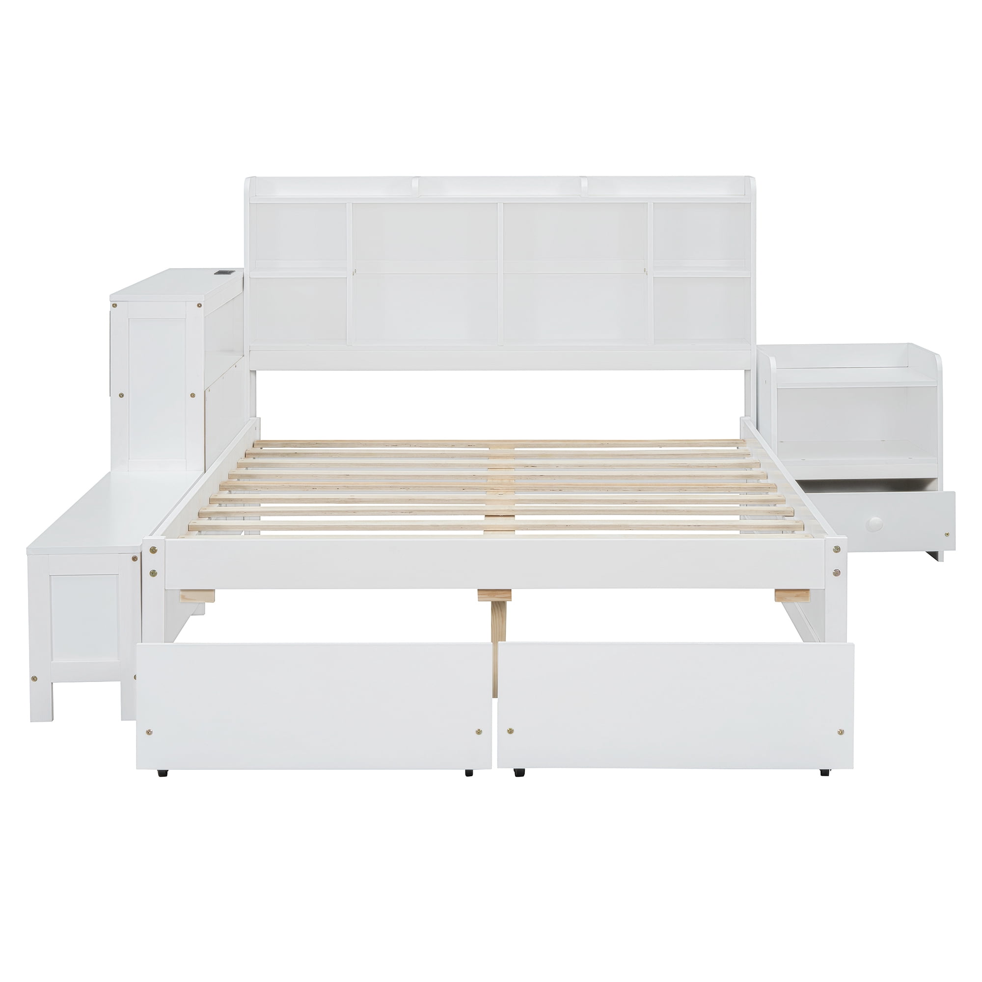 Euroco Wood Full Size Platform Bed with Nightstand and Drawers, Desk and Cabinets, USB Ports, White