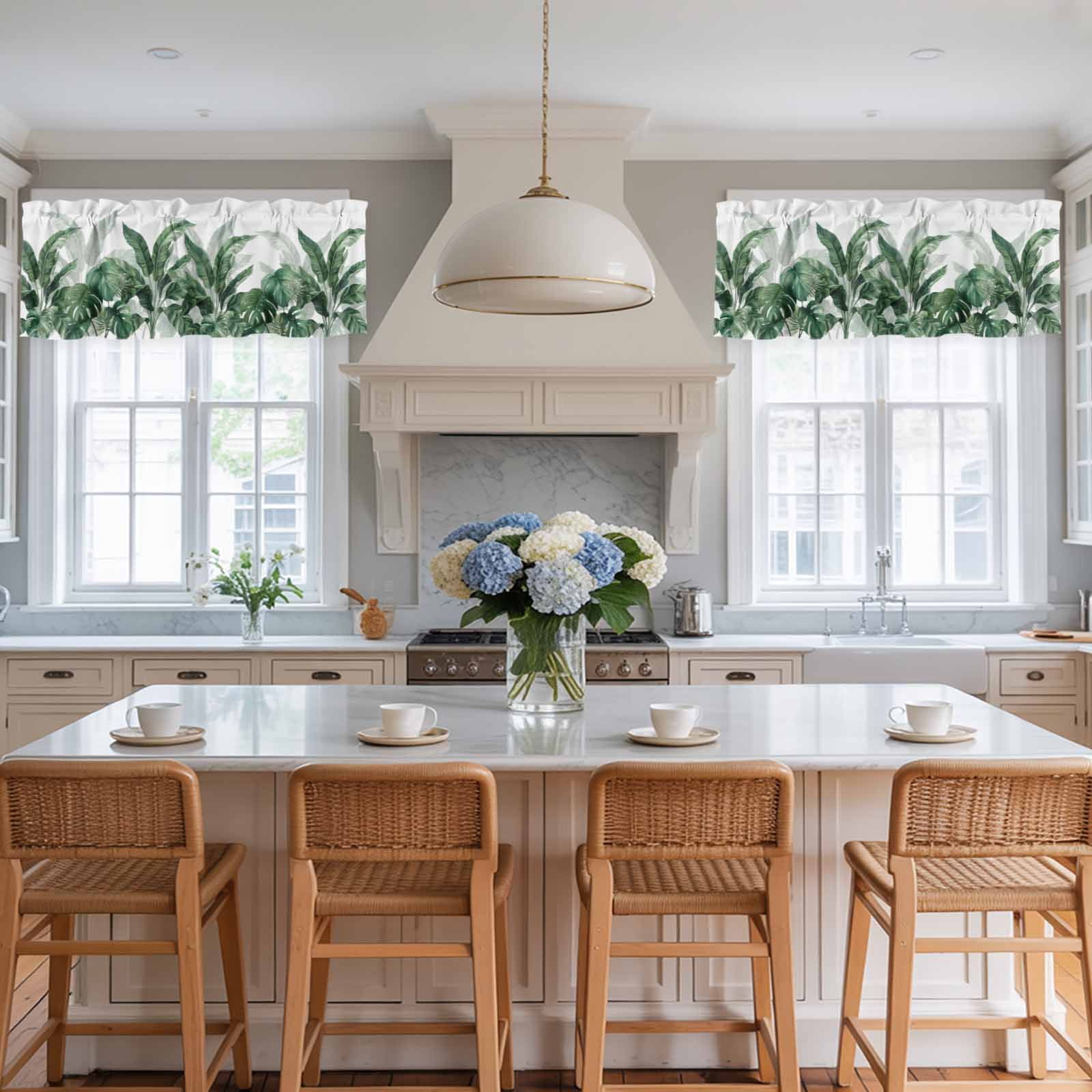2 Pack Valances for Windows, Palm Leaves Tropical Window Valances for Living Room/Bedroom/Bathroom, Green Botanical Summer Light Filtering Kitchen Curtain Valance Window Treatment 60"W x18" L