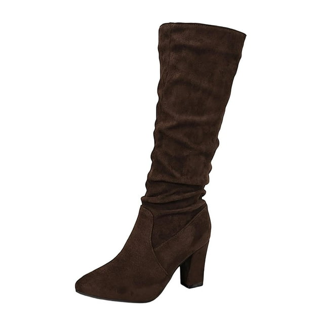 nerohusy Cold Weather Women's Flat Low Heel Side Zipper Mid Calf Boots Slouchy Round Toe Tall Calf Riding Combat Boots Coffee,39