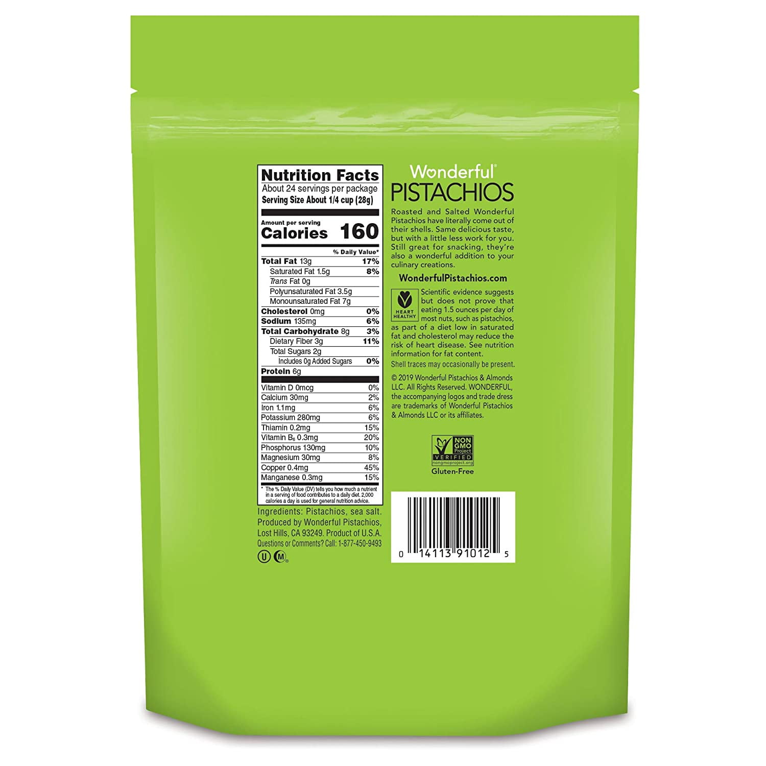 Wonderful Pistachios, No Shells, Roasted and Salted, 24 Ounce Resealable Bag