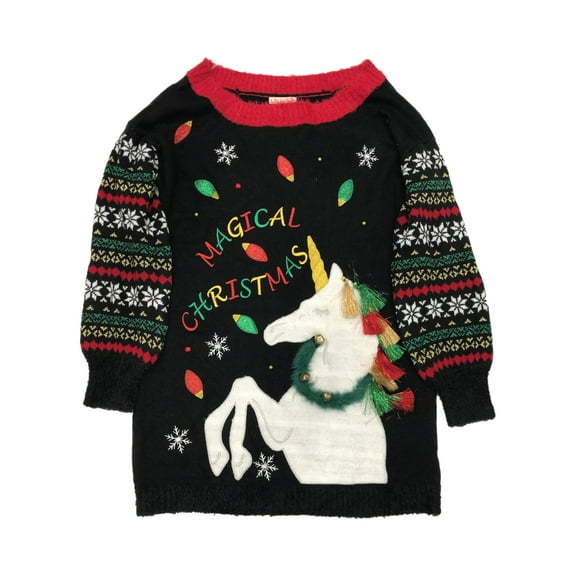 Womens Black Magical Christmas Long Sparkle Unicorn Tunic Sweater XXL
