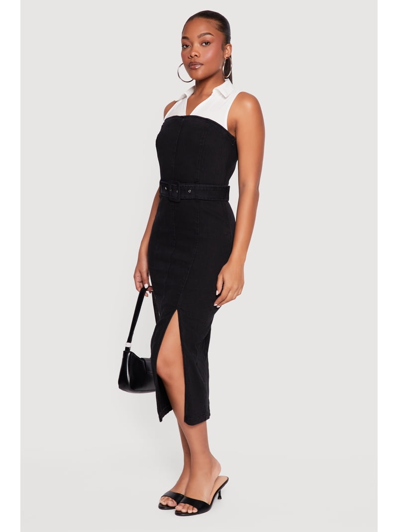 denim dress with slit BamGleam Long Strapless Design, Elastic Fitted Slim Chic Dress For Summer catching contrasting large lapel and customized 4 metal buckles and embellished skirt ~ There is a hollow cut Thin Strap Slit Jean Dress