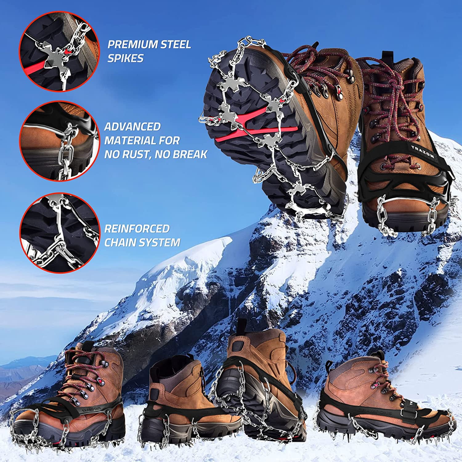 Crampons Ice Cleats Traction Snow Grips for Boots Shoes Women Men Kids Anti  Slip 19 Stainless Steel Spikes Safe Protect for Hiking Fishing Walking  Climbing Mountaineering (Black, Medium), Crampons -  Canada