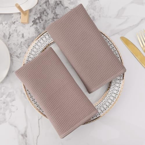 100% Cotton Waffle Weave Kitchen Towels - 4 Pack Soft and Absorbent Dish Towels - 16 x 26 Inches Quick Dry Hand Towels - Brown