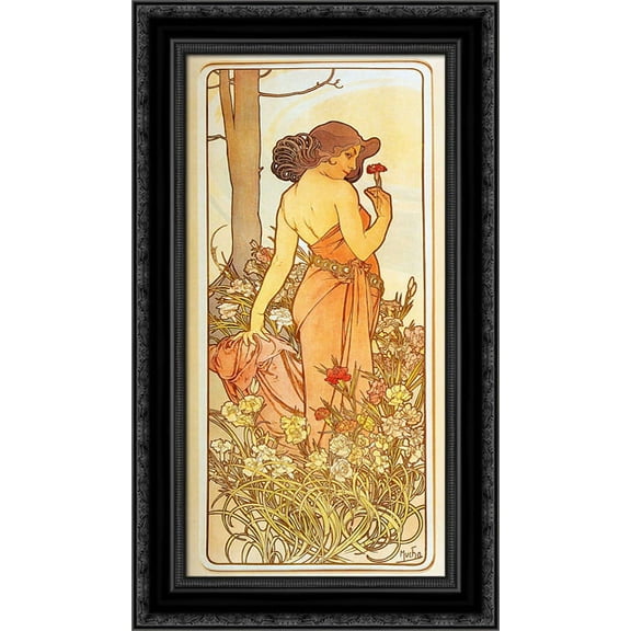 Carnation 15x24 Black Ornate Wood Framed Canvas Art by Mucha, Alphonse