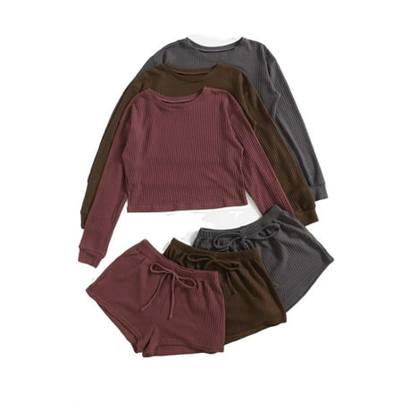 

6pcs Set Casual Solid Round Neck Short Sets Long Sleeve Women s Pajama Sets (Women s)