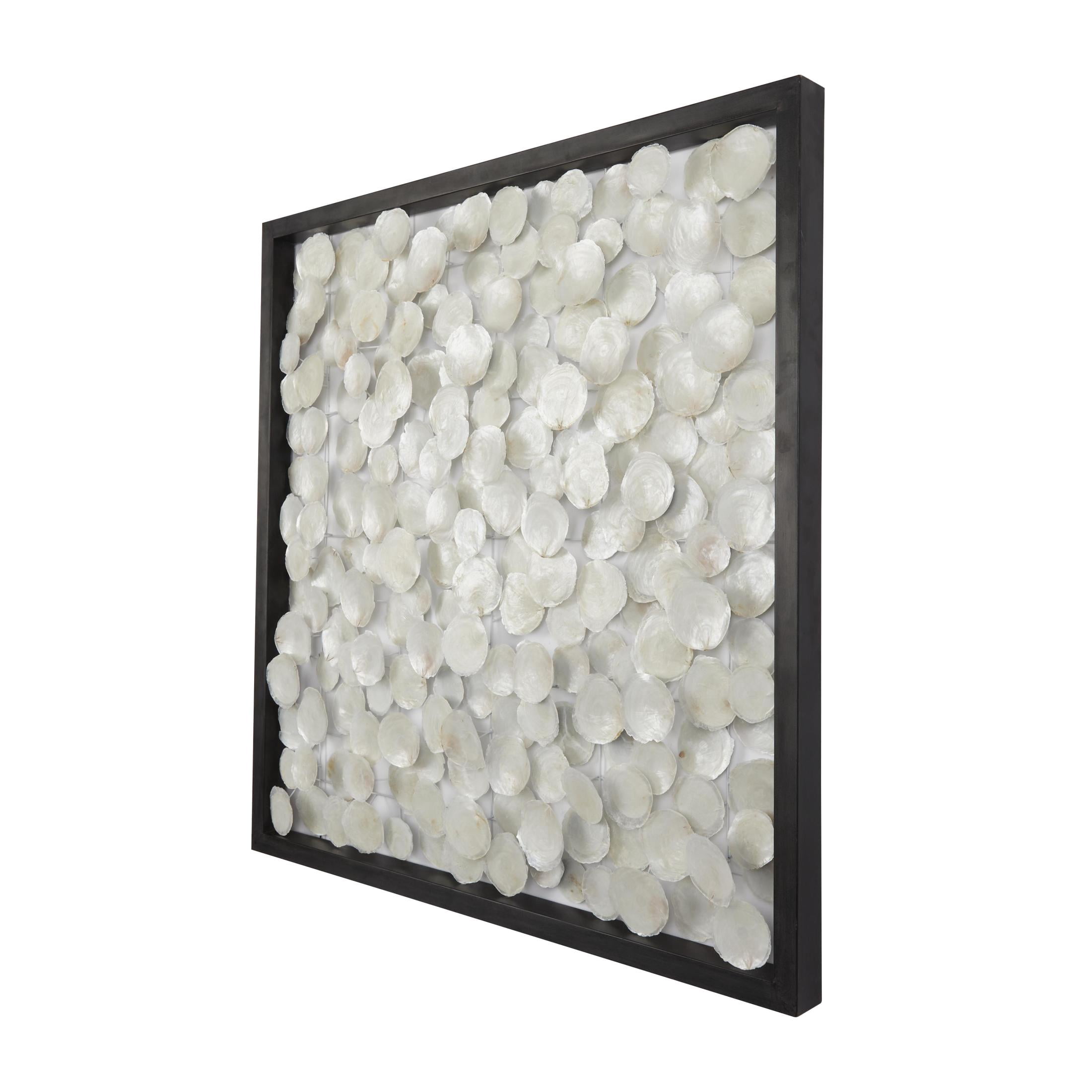 DecMode White Capiz Shell Handmade Dimensional Overlapping Geometric Wall Decor with Black Metal Frame