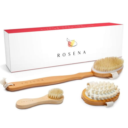 Dry Brushing Body Brush Set - Best for Cellulite, Lymphatic Drainage & Skin Exfoliating - Natural Bristle Spa Kit - Long Handle Back Scrubber, Massager & Face Exfoliator for (Best Way To Exfoliate Back)
