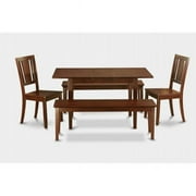 East West Furniture NODU5C-MAH-W Norfolk Table with 12 in in self storage leaf plus 2 wood seat chairs and 2 51-in Long benches