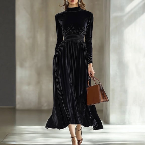 YueHuiYing Women's Solid Color Elegant Round Neck Full-Skirted Long Dress with Belt Long Sleeve Round Neck Dress