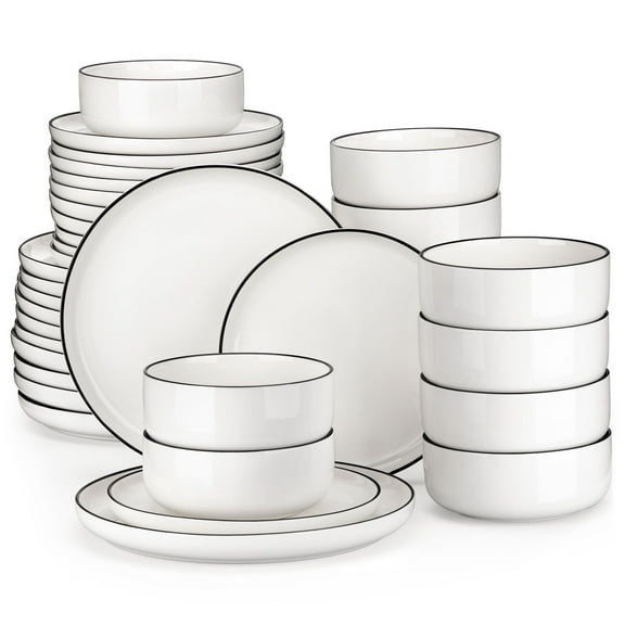 vancasso 36 Pieces Dinnerware Sets, Plates and Bowls Set for 8, Porcelain Dinner Set, White with Black Rim