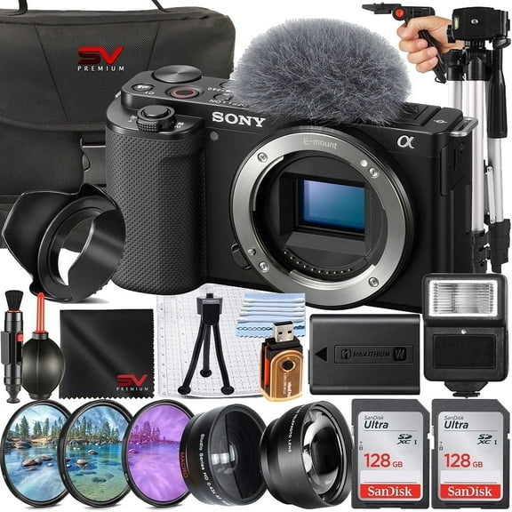 Sony ZV-E10 Mirrorless Camera (Black, Body Only)   2 Pack SanDisk 128GB Memory Card   Case   Flash   SV Premium Accessory Bundle (International Version)