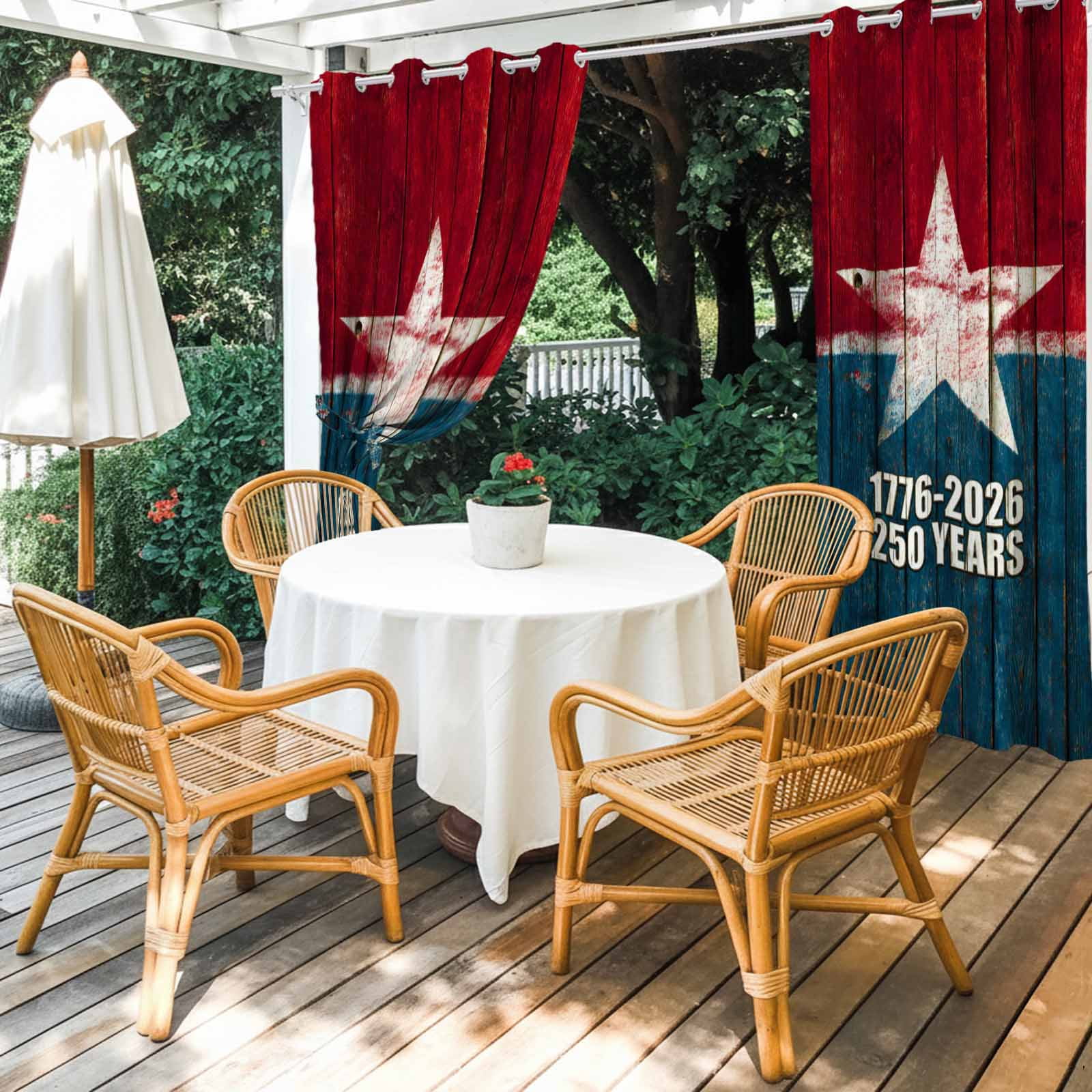 Years Independence Day Outdoor Curtains for Patio, USA Flag Retro Wood Grain Star Sunshade Privacy Drapes Grommet Waterproof Outside Curtains for Porch/Cabana/Balcony 54"x 108", 1 Panel
