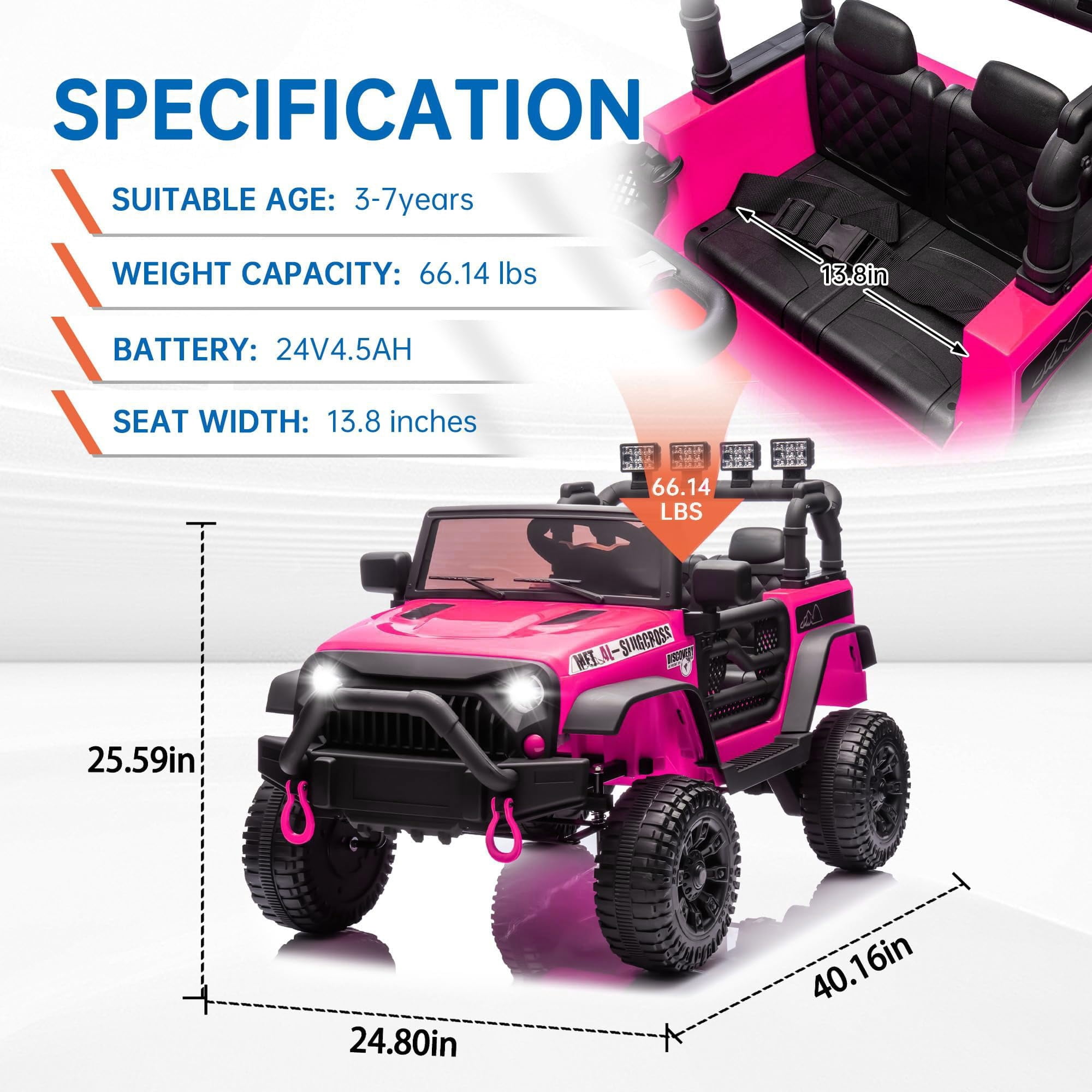 DYNALUNE  24V Kids Ride on Jeep, 400W Battery Powered Car with 4-Wheel Suspension & Music