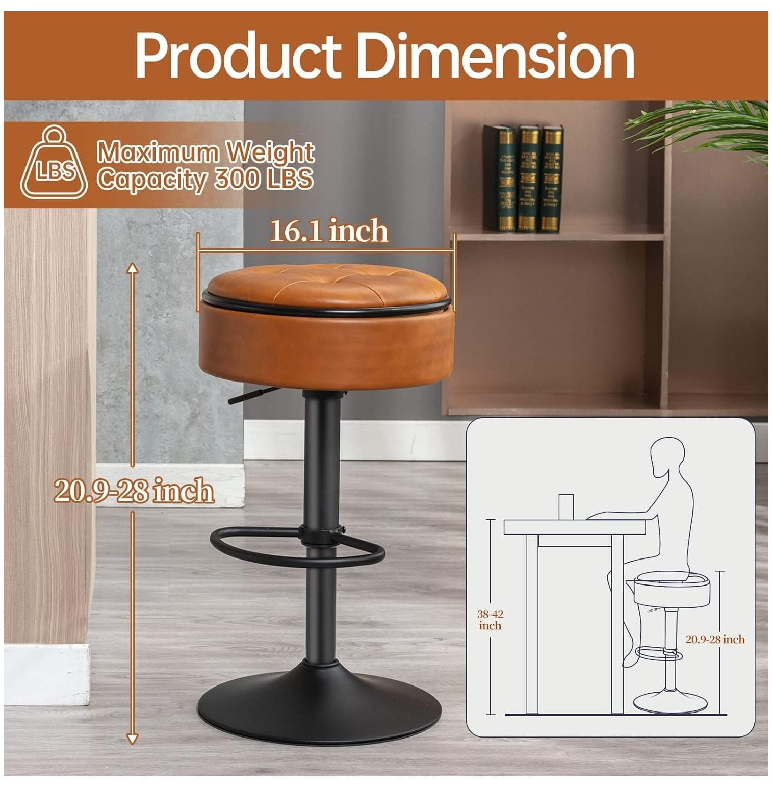 Round Storage Bar Stool Set of 2 Black Faux Leather Height