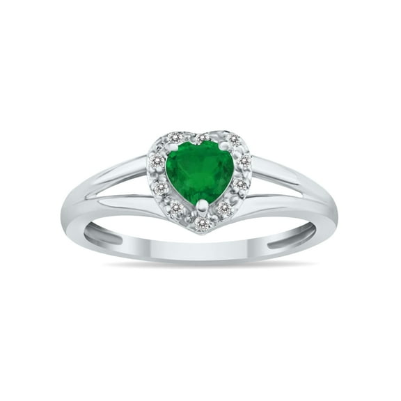 SZUL Women's Heart Shape Emerald and Diamond Ring in 10K White Gold