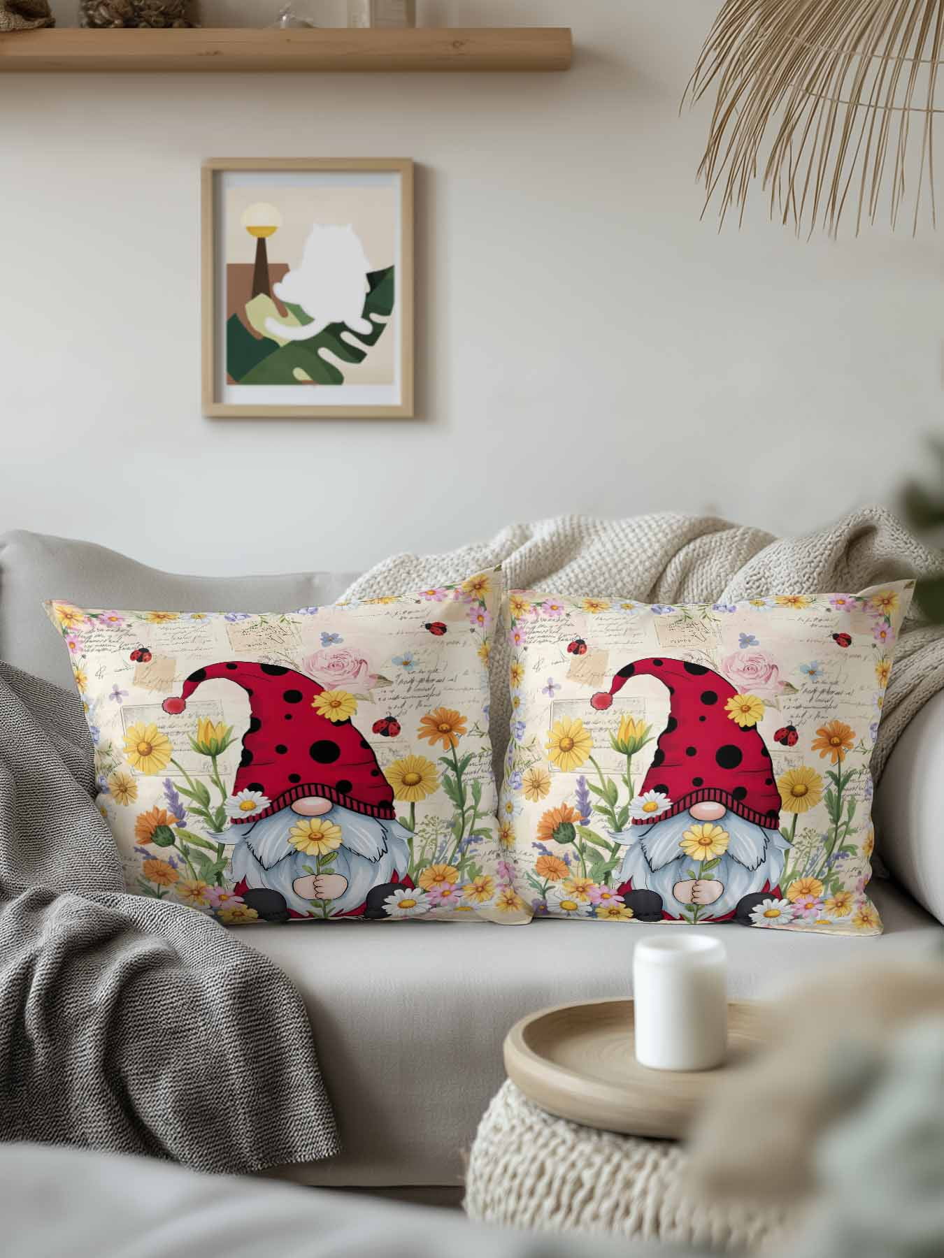 Outdoor Pillows Waterproof, Farmhouse Gnomes Bedding Throw Pillows with Insert for Couch Sofa Bed, Vintage Pastoral Daisy Floral Country 16x16 Inch Pillowcases Decorative Patio Pillow Set of 1