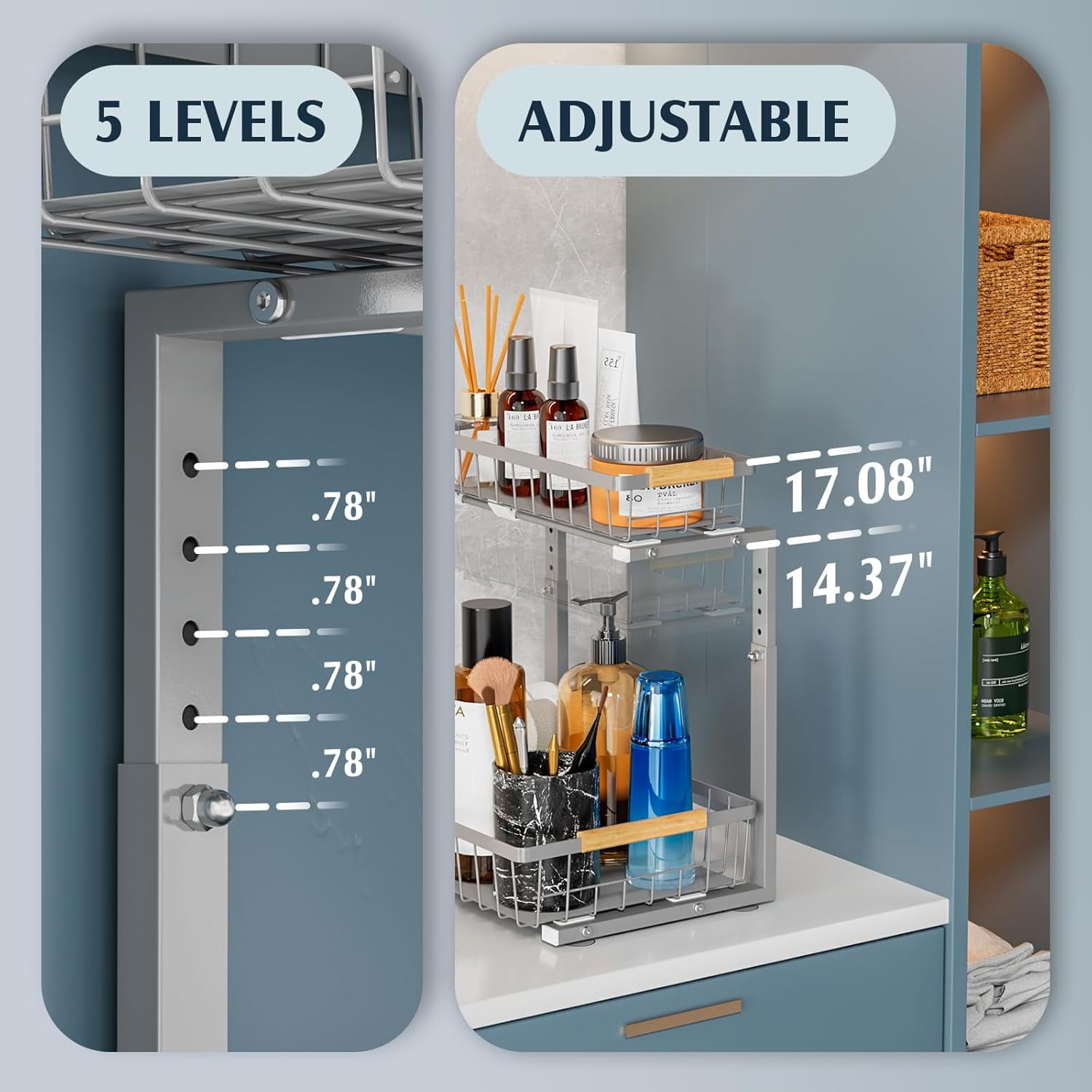 Under Sink Organizers and Storage, 2 Pack Under Kitchen Bathroom Cabinet Organizer, 2 tier pull out cabinet organizer, Adjustable Height Kitchen Cabinet Organizers and Storage, Gray