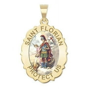 Saint Florian Scalloped Religious Medal Color - 2/3 X 3/4 Inch Size of Nickel, Solid 14K Yellow Gold