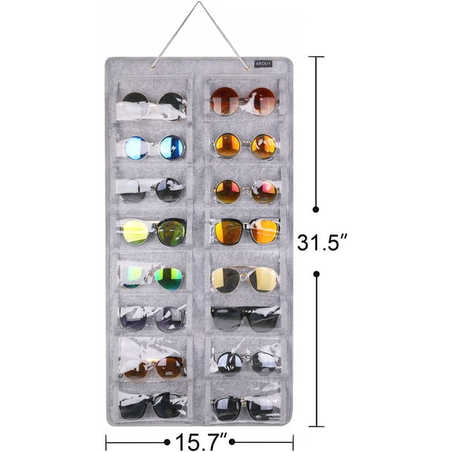 Almacenamiento organizador de gafas de sol - 16 ranuras de fieltro Organizador de gafas de bolsillo montado en la pared a prueba de polvo con gancho de metal y cuerda resistente (gris),