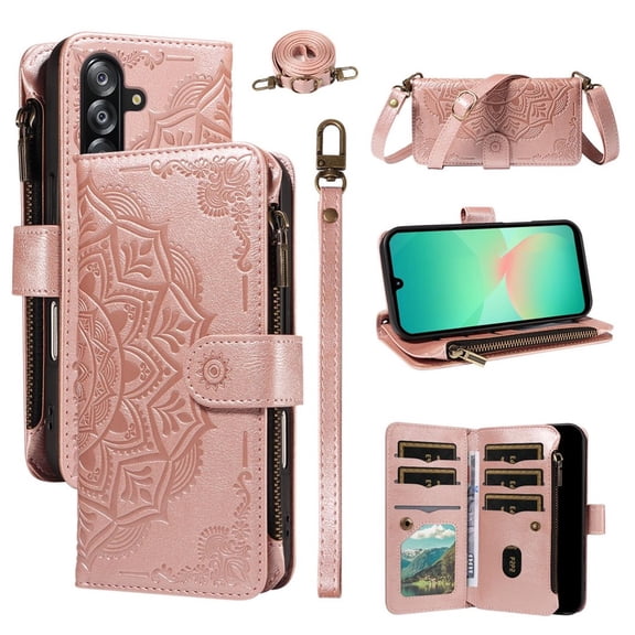 For Samsung Galaxy A16 4G/5G Wallet Case, 9 Card Slots RFID Blocking Crossbody Leather Cover, Zipper Pocket, Detachable Wrist & Shoulder Strap, Magnetic Shockproof Protective Phone Case for Women