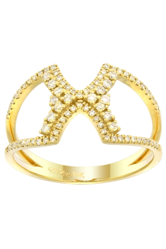 14k Yellow Gold Criss Cross Diamond X Ring for Women 7/16 inch wide, size 7