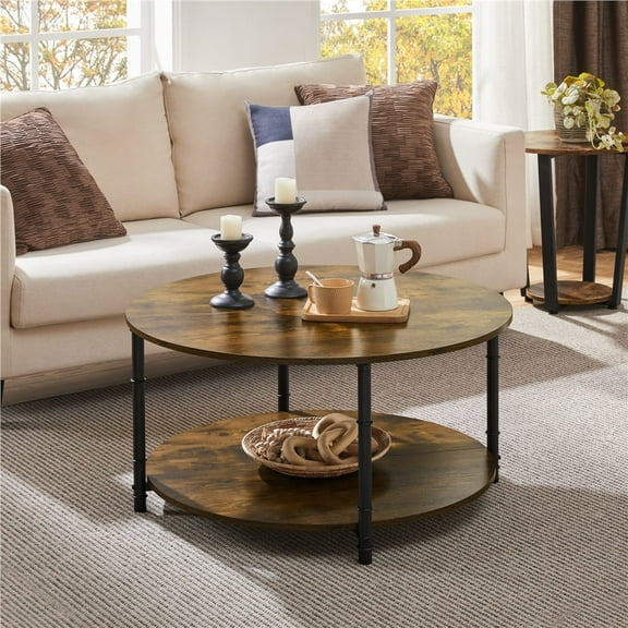 Yaheetech 2 Layer Vintage Round Coffee Table with Storage Shelf, Rustic Brown