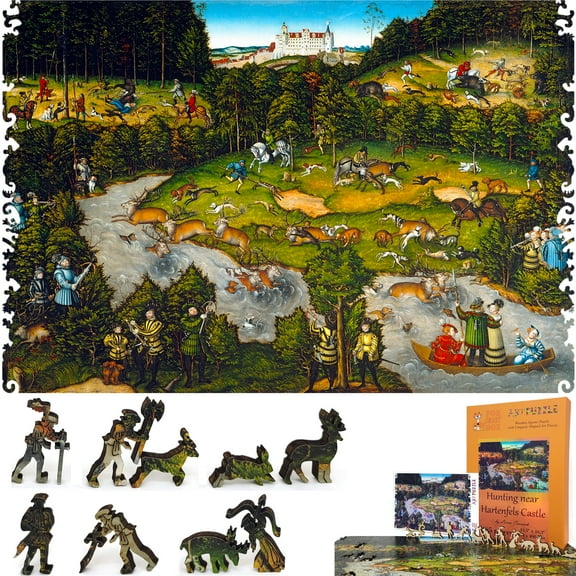 Wooden Jigsaw Puzzles for Adults - Uniquely Shaped Pieces - made in the USA by FoxSmartBox - 485 Pieces - Hunting near Hartenfels Castle
