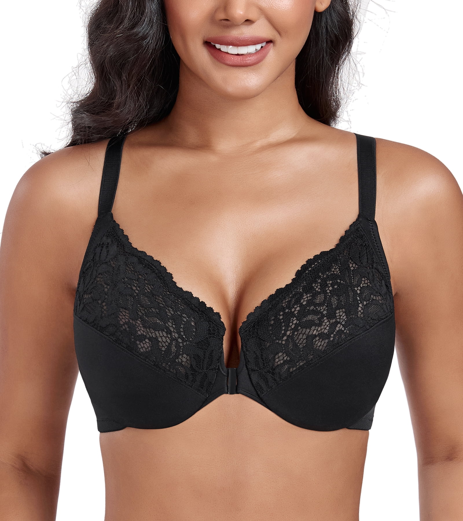 Exerin Women's Front Closure Non Padded Underwire Plus Size Posture Back Support Bra(40C,Black)
