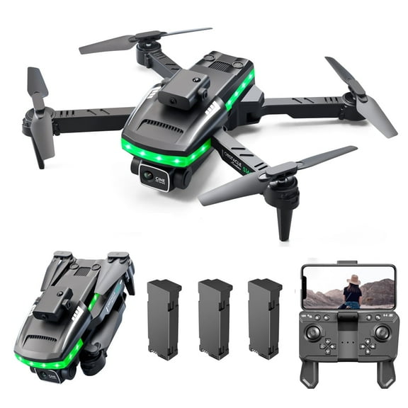 S162 RC Drones,HD Dual Camera , 2.4G WIFI ,FPV Colorful Lighting , 360 Obstacle Avoidance, Folding Quadcopter Remote Control Aircraft Toy, for Adults and Childers, 3 Battery, Black