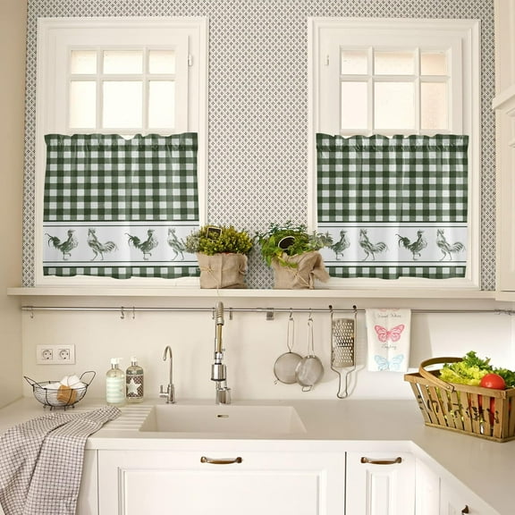 Kitchen Curtain 2 Panels Tiers Curtains 36 Inch Length, Farmhouse Rooster Checkered Curtains Rod Pocket Curtains Window Drapes Treatment Window Cafe Curtains Watercolor Green and White Plaid 27.5x36x2